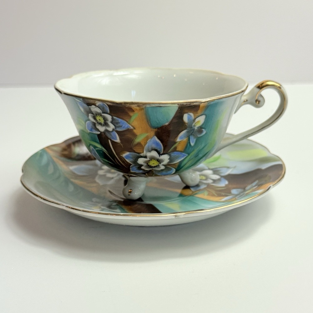 Vintage 1950s Lefton Lusterware Footed Teacup Saucer Set Columbine Flower Japan